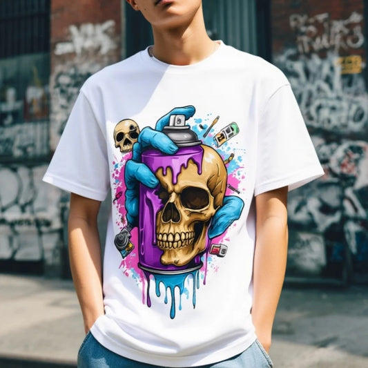 Graphic Tee Design Men's Casual T Shirt with Skull and Graffiti Spray Can Print for Streetwear Fashion