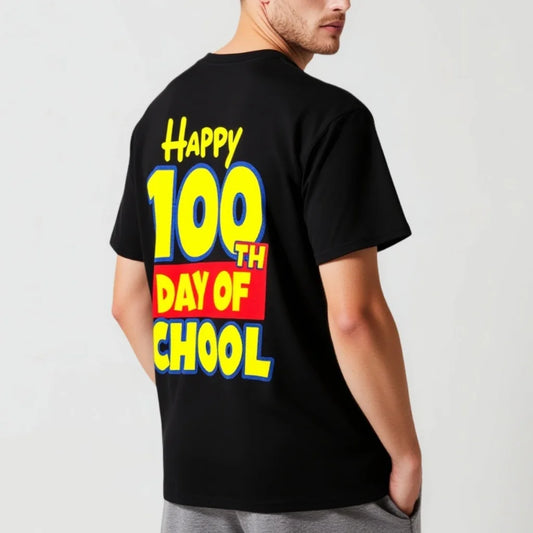 Black T Shirt with Colorful Happy 100th Day of School Print for Kids' School Events Graphic Tee For Summer 2025