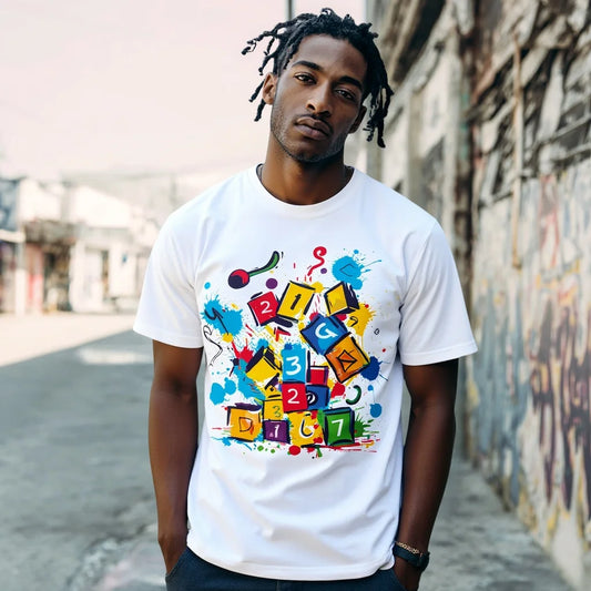 Men's Casual T Shirt Colorful Blocks and Numbers Print Streetwear Fashion Top for Daily Wear Trendy Graphic Tee 2025