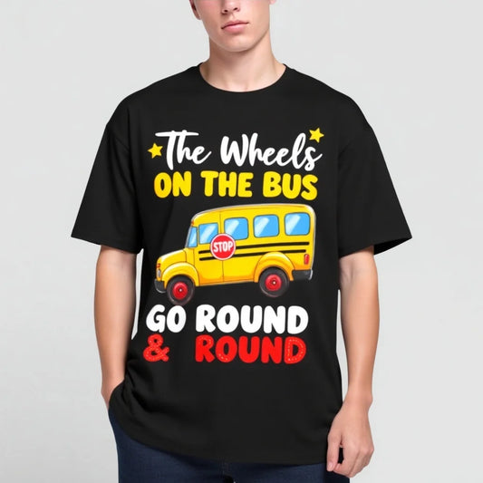 Black T-Shirt with School Bus and The Wheels Go Round & Round Print for Kids Party Trendy Tees For Men