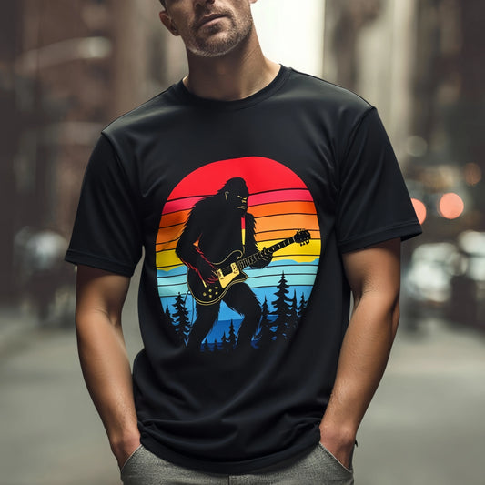 Fashion Graphic Tees For ManMen's T Shirt Bigfoot Playing Guitar Sunset Forest Print Casual Streetwear Daily Wear