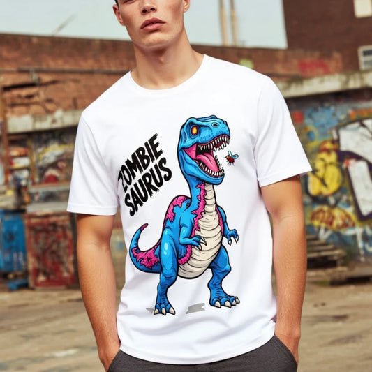 Men's Casual T Shirt Cartoon Dinosaur Print with Zombie Saurus Text Urban Streetwear Fashion Top for Daily Wear Cotton Graphic Tee For Summer