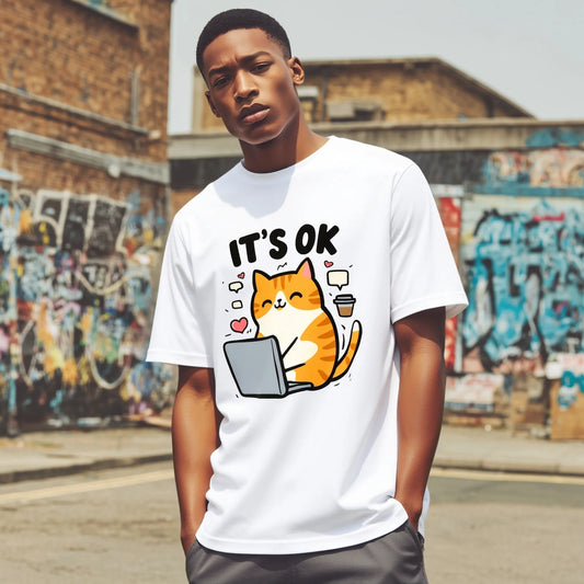 Graphic Tee Design Men's Casual T Shirt Cute Cat with Laptop and Coffee Print for Daily Wear
