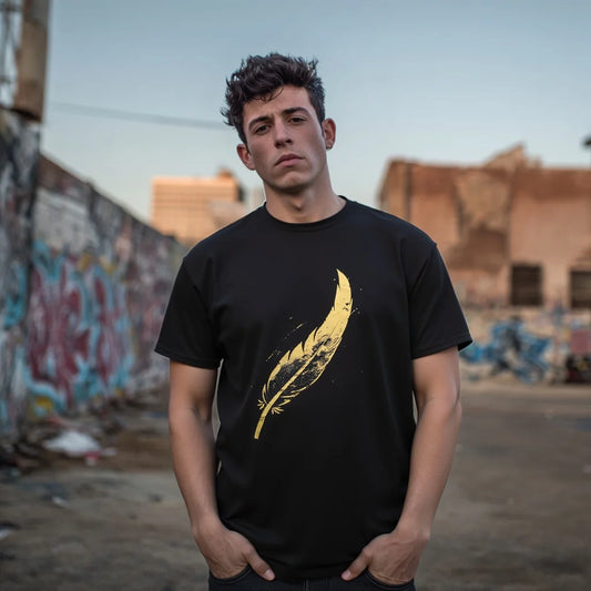 Men's Casual T Shirt Gold Feather Print Urban Streetwear Fashion Top for Daily Wear Trendy Graphic Tee 2025