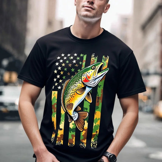 Trendy Graphic Tee Men's Short Sleeve T Shirt Fish and Flag Print Outdoor Sports Casual Wear