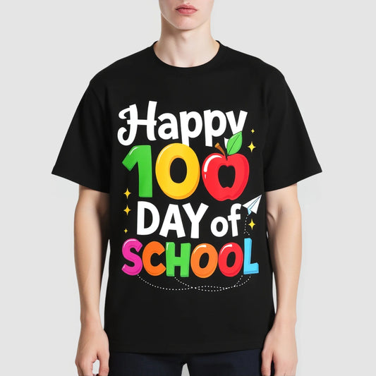 Black T-Shirt with Colorful Happy 100th Day of School Print for Kids' School Events Trendy Tees For Men