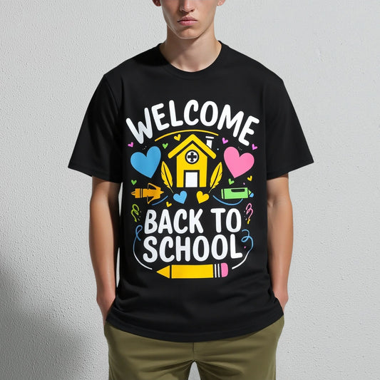 Black T-Shirt with Colorful School Theme Print Welcome Back to School for Kids and Students Trendy Tees For Men