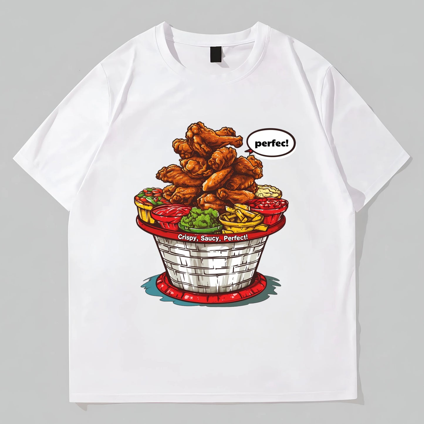White T-Shirt with Colorful Fried Chicken and Sauces Print for Casual Wear POD Graphic Tees