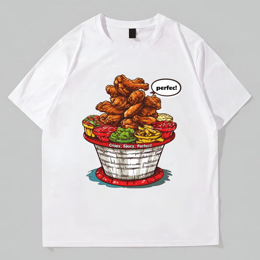 White T-Shirt with Colorful Fried Chicken and Sauces Print for Casual Wear POD Graphic Tees