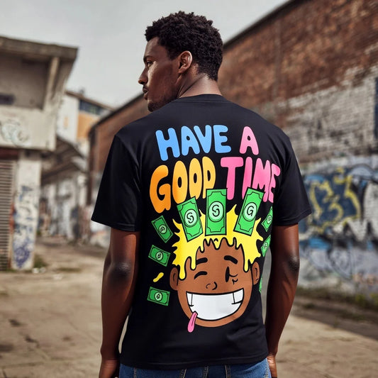 Fashion Graphic Tee For Summer Men's Casual T Shirt Colorful Cartoon Character and HAVE A GOOD TIME Print for Daily Wear