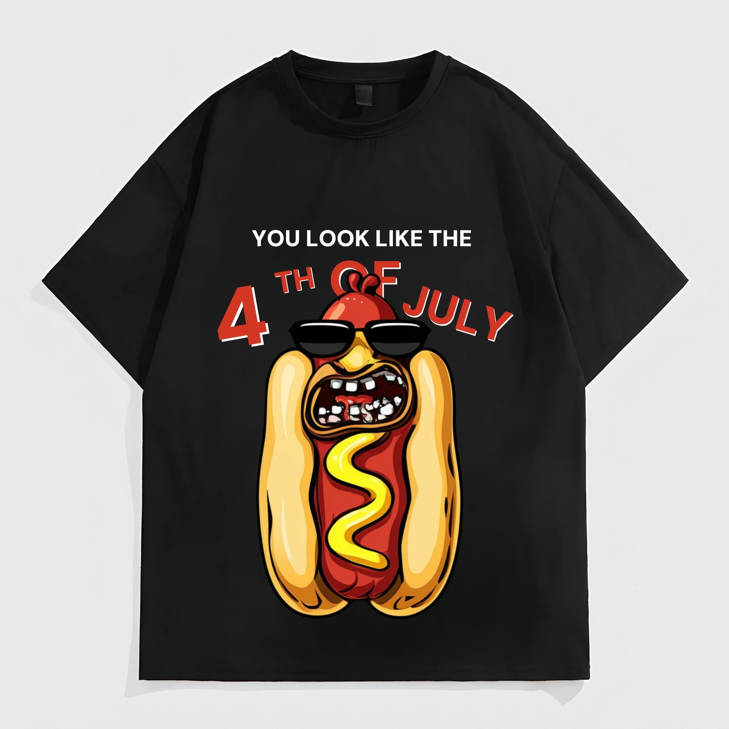 Graphic Tees Boutique Black Short Sleeve T-Shirt with Hot Dog and July 4th Design for Casual Wear