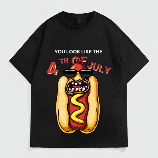 Graphic Tees Boutique Black Short Sleeve T-Shirt with Hot Dog and July 4th Design for Casual Wear