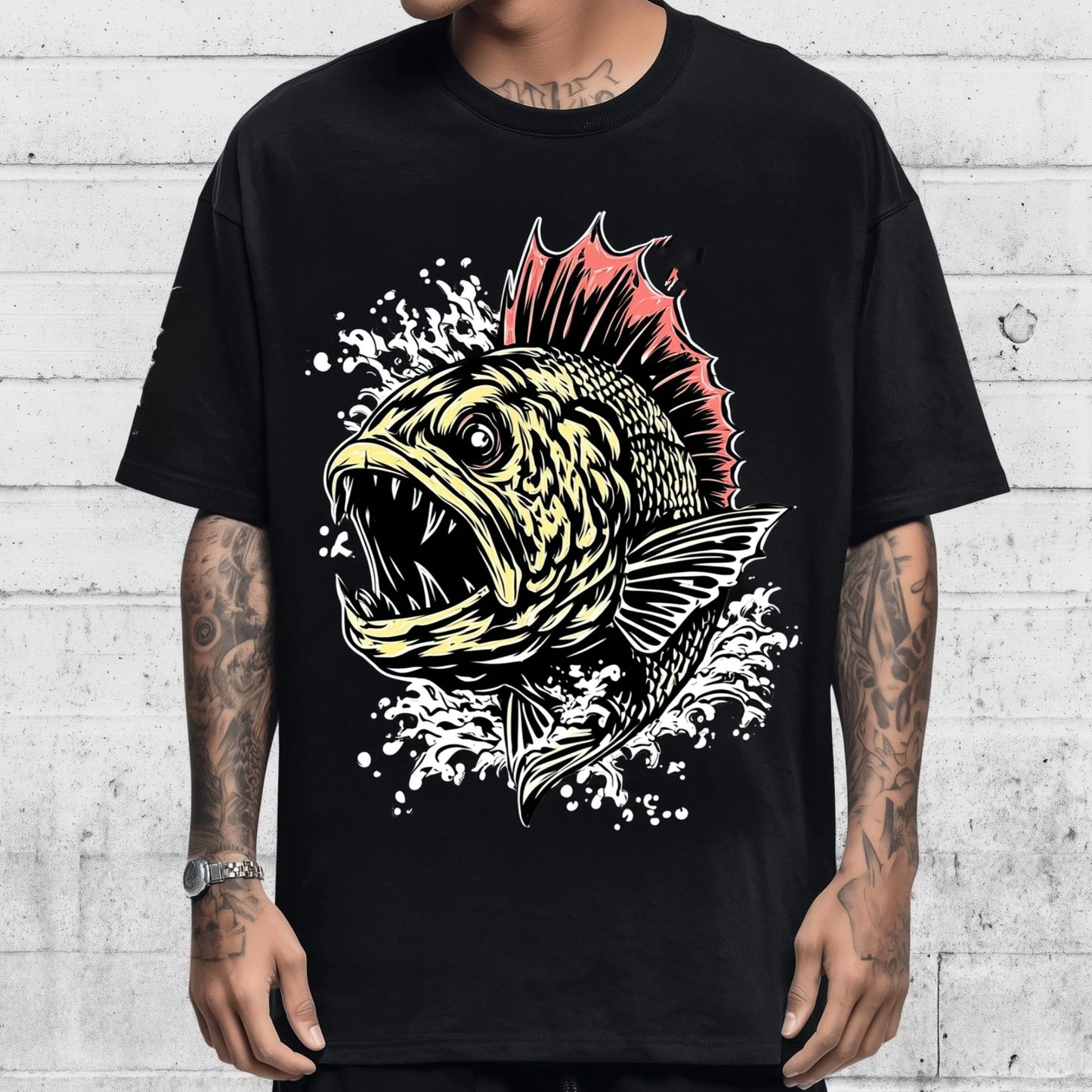 Trendy T-shirt For Man Short Sleeve T-Shirt Aggressive Fish Graphic Print Casual Daily Wear