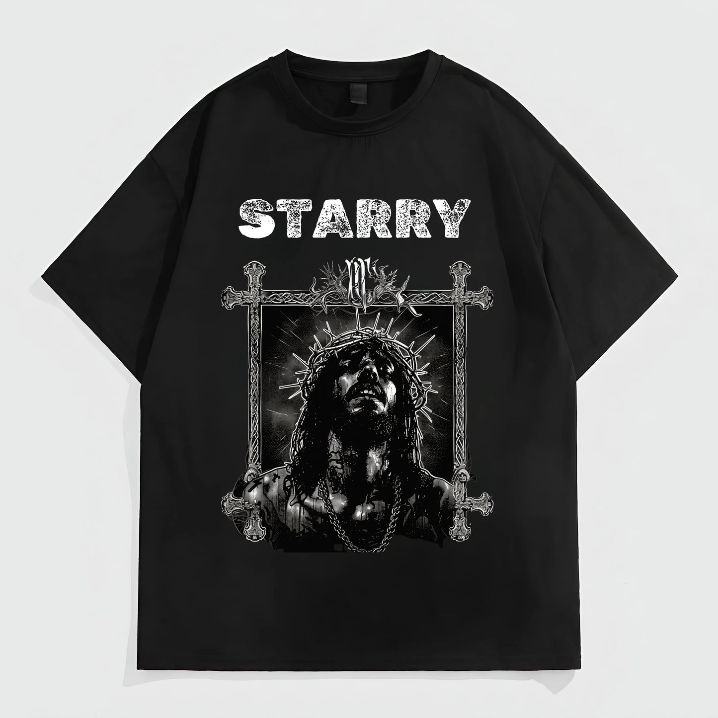 Men's Oversized T-Shirt with Gothic Cross and Crown of Thorns Print for Casual Wear Graphic Tees Outfit