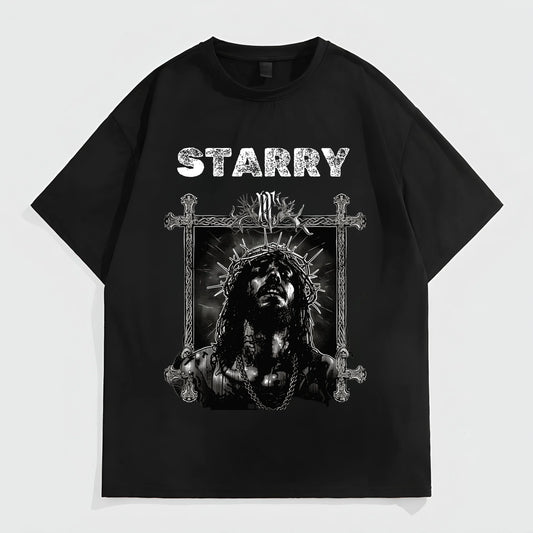 Men's Oversized T-Shirt with Gothic Cross and Crown of Thorns Print for Casual Wear Graphic Tees Outfit