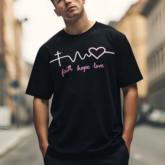 Graphic Tees Design Men's Casual T Shirt Faith Hope Love Heartbeat Design Streetwear Daily Wear