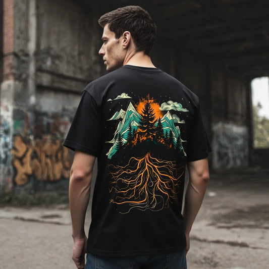 Men's Short Sleeve T Shirt Forest Mountain Tree Roots Print Casual Outdoor Wear Trendy Graphic Tee 2025