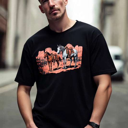 Fashion Graphic Tee For Summer Men's Casual T Shirt with Horse and Desert Landscape Print for Outdoor Activities
