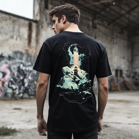 Graphic Tee Design Men's Short Sleeve T Shirt Lighthouse Clouds Print Casual Streetwear Graphic Tee for Outdoor Activities