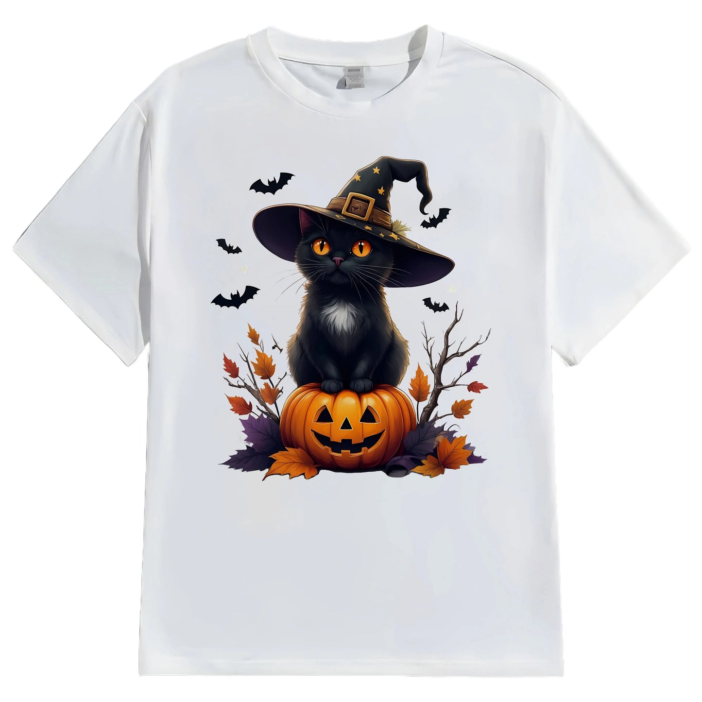 Halloween Casual Round Neck Short Sleeve T-Shirt Regular Fit Cat and Pumpkin Print Comfortable Men's Top Fashion Streetwear