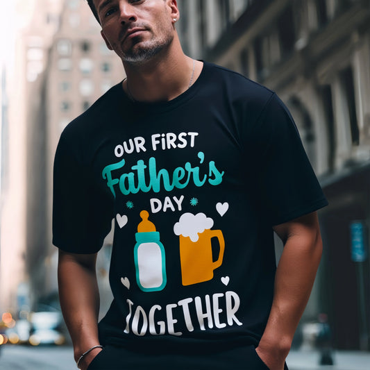 Graphic Tees Boutique Men's Casual T Shirt Our First Father's Day Together Print with Milk Bottle and Beer Mug Design for Family Gathering