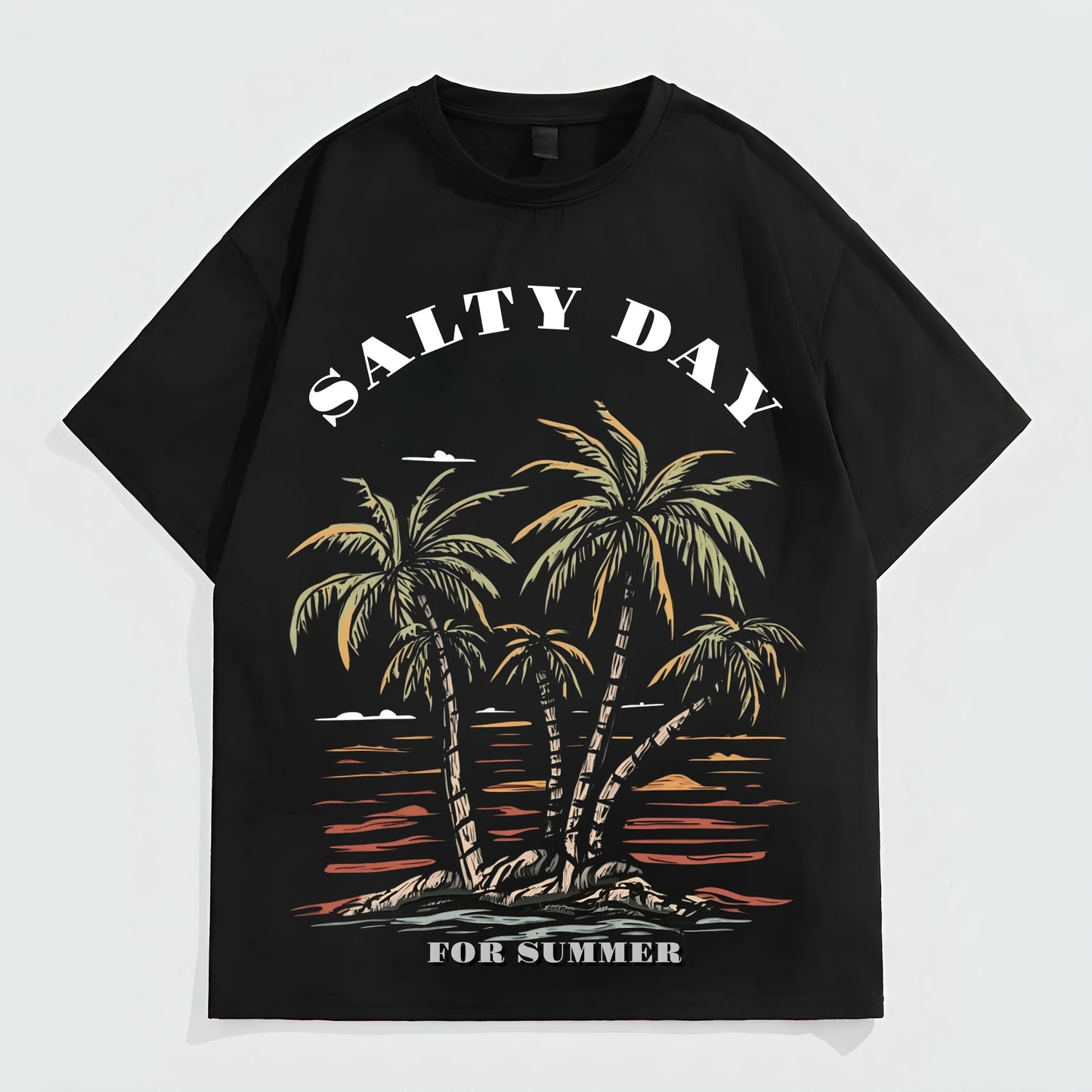 Fashion Tees For Summer Men's Casual T-Shirt Palm Tree and Sunset Print SALTY DAY FOR SUMMER Text Summer Beachwear Fashion Top