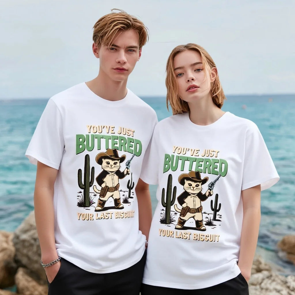 Couples T Shirts Cactus Cowboy Graphic Print You're Just Buttered Funny Text Beach Vacation Wear Graphic Tee For Summer 2025