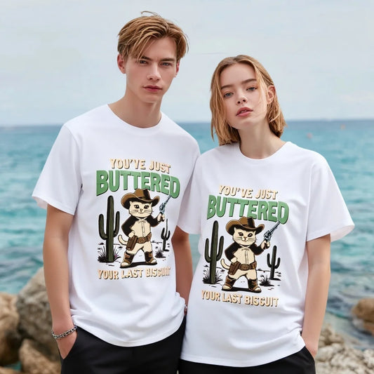 Couples T Shirts Cactus Cowboy Graphic Print You're Just Buttered Funny Text Beach Vacation Wear Graphic Tee For Summer 2025