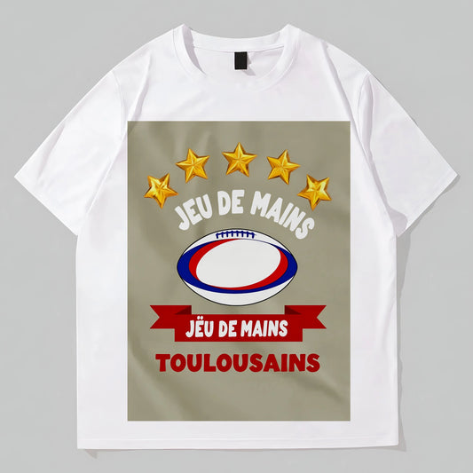 White T-Shirt with Rugby Ball and Stars Print for Sports Fans Graphic Fashion Tees For Man