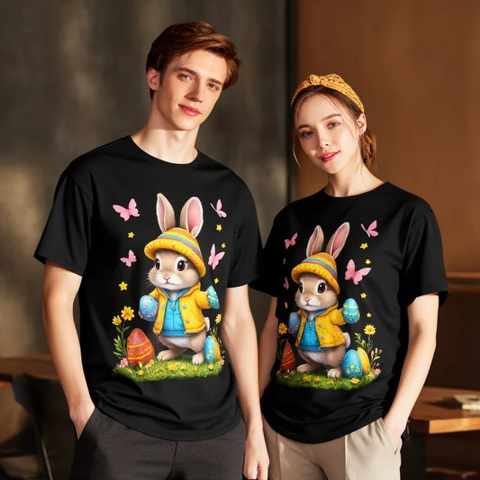 Cute Rabbit Hoodie T Shirt Cartoon Bunny Print Couple Tee Shirts for Valentine's Day Gift Idea Spring Summer Casual Wear Trendy Graphic Tee 2025