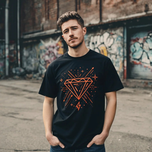 Fashion Graphic Tee Men's Casual T Shirt with Geometric Diamond Pattern and Starburst Design for Urban Streetwear