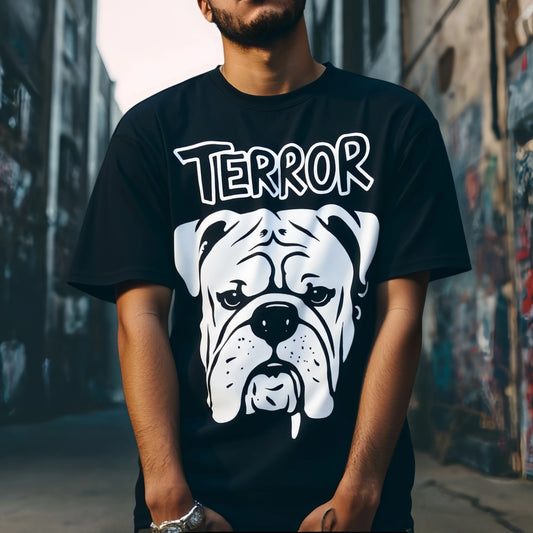 Men's Short Sleeve T Shirt Bulldog Face Print with TERROR Text Urban Streetwear Style Cotton Graphic Tee For Summer