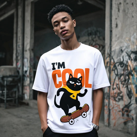 Graphic Tee Design Men's Casual T Shirt Black Cat Skateboard Print I'M COOL Streetwear Graphic Tee for Daily Wear and Outdoor Activities
