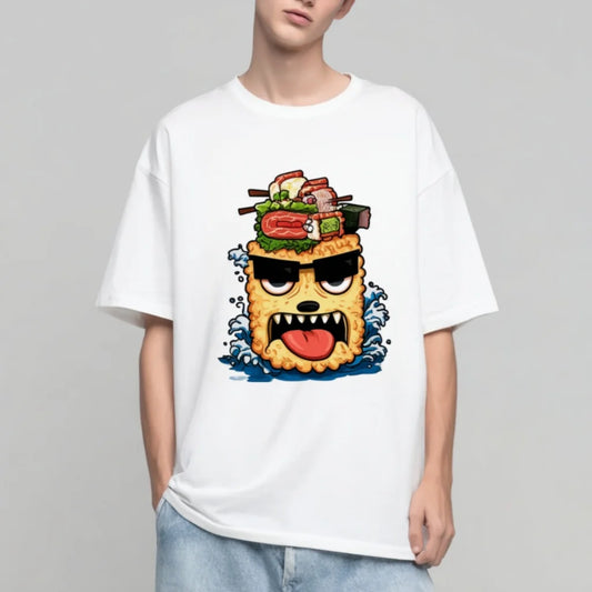 Fashion Tees 2025 Men's Casual T-Shirt with Fun Monster and Sushi Print for Daily Wear