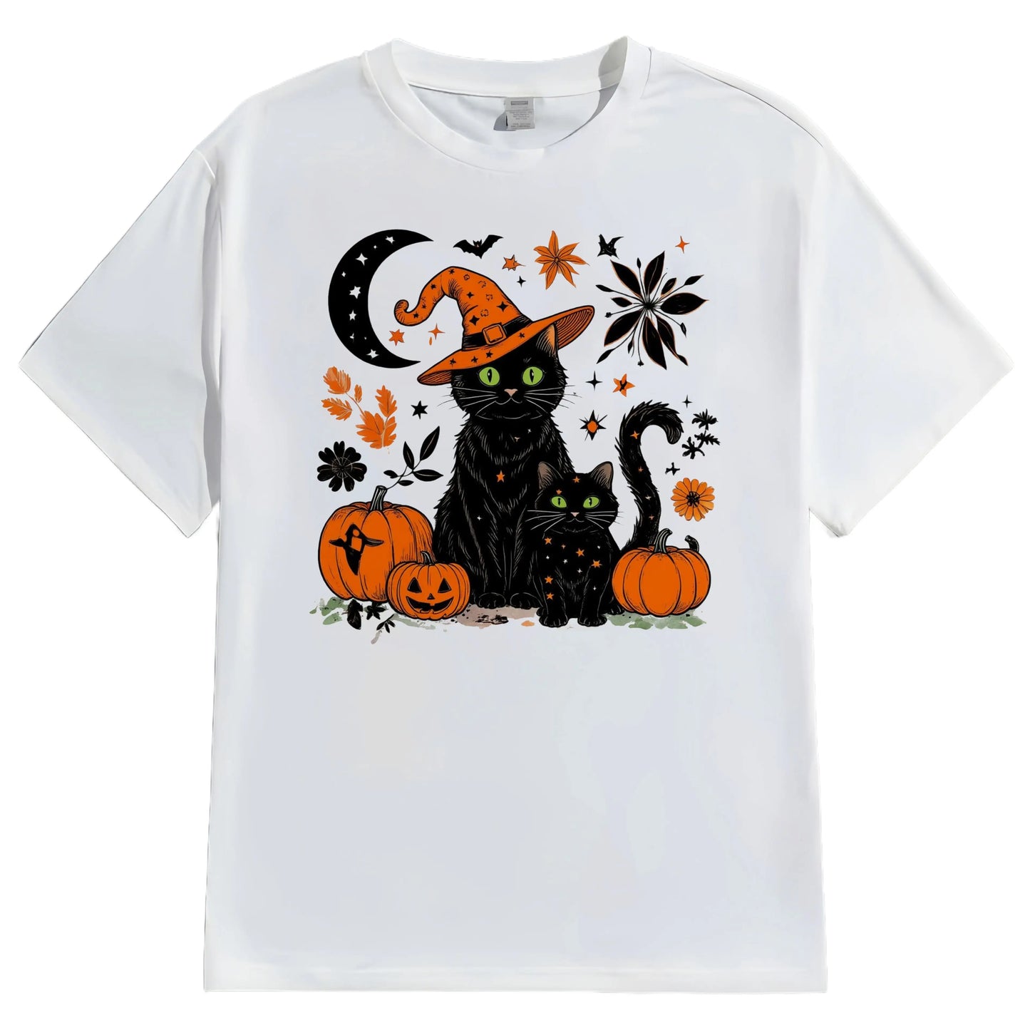 Halloween Casual Round Neck Short Sleeve T-Shirt Regular Fit Cat and Pumpkin Print Comfortable Men's Top Fashion Streetwear