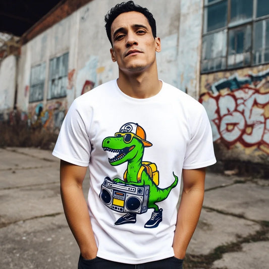 Graphic Tee Design Men's Casual T Shirt Cool Dinosaur with Boombox and Sunglasses Print Streetwear Fashion Top for Daily Wear