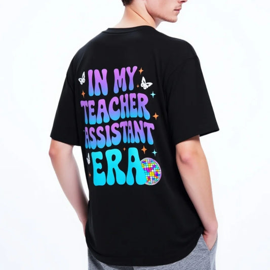 Black T Shirt with Colorful Text and Butterfly Print for School Staff Use Graphic Tee For Summer 2025