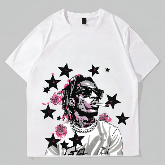 Men's Short Sleeve T-Shirt with Star and Floral Artwork Print for Casual Wear Graphic Tees Boutique