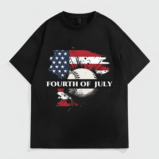 Graphic Tees Boutique Black Short Sleeve T-Shirt with American Flag and Baseball Print for Independence Day Celebrations