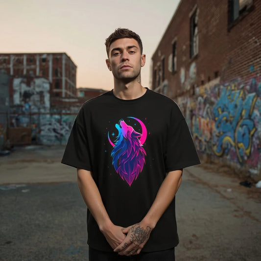Fashion Graphic Tee Men's Casual T Shirt Colorful Wolf Head Print Urban Streetwear Fashion Top for Daily Wear