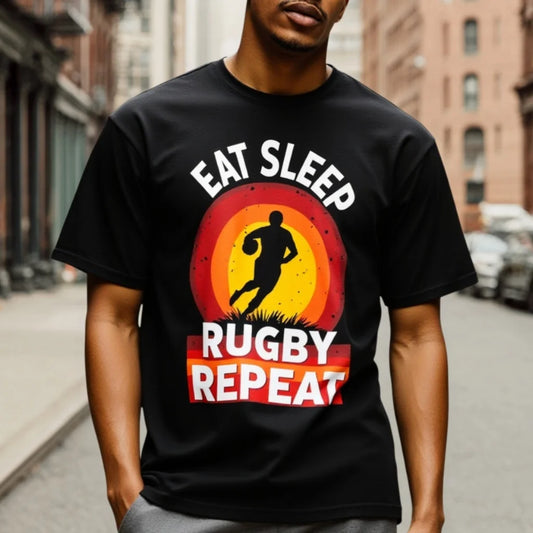 Fashion Graphic Tee Men's Casual T Shirt Eat Sleep Rugby Repeat Graphic Tee Sports Fan Wear For Daily Use
