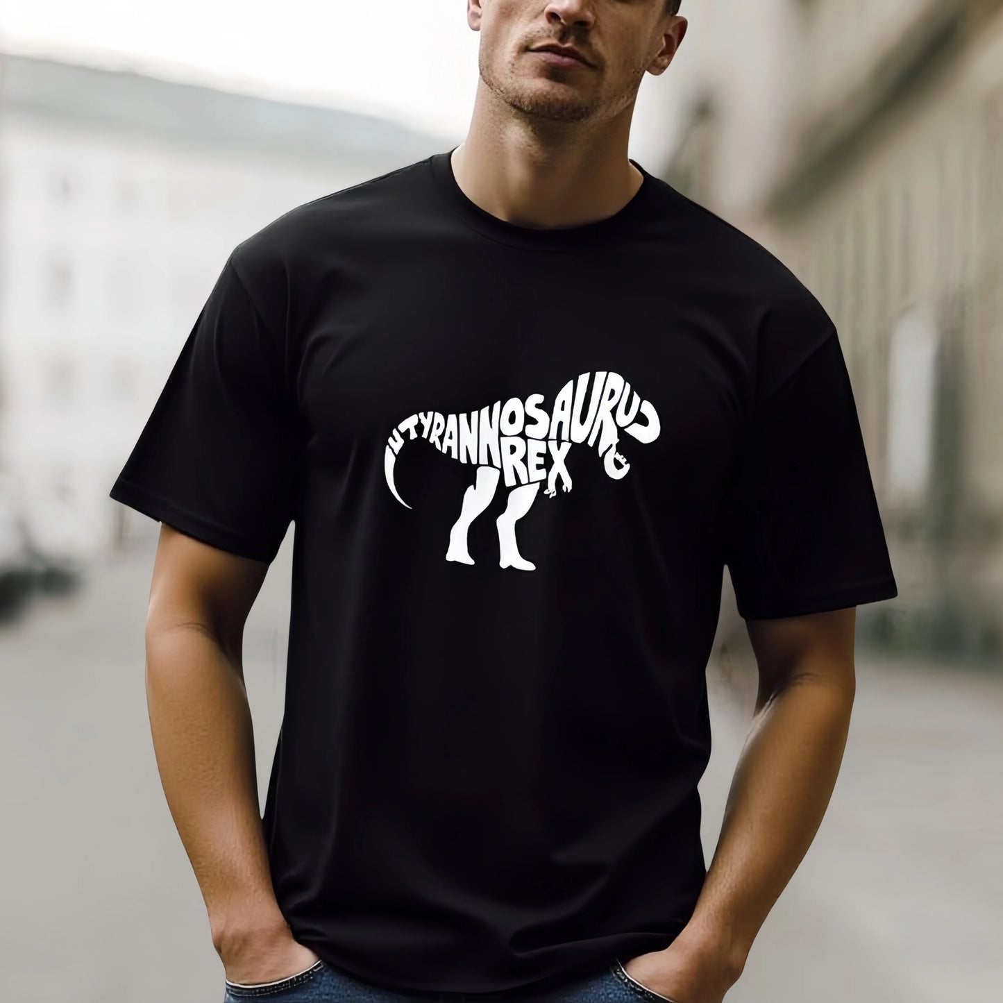 Trendy Graphic Tee Men's Casual T Shirt Dinosaur Silhouette and Text Print Suitable for Daily Wear