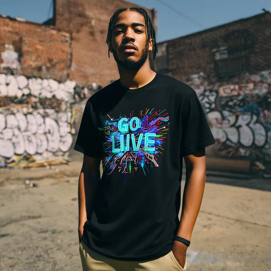 Fashion Graphic Tee Men's Casual T Shirt Colorful Graffiti Print GO LIVE Text Design for Outdoor Activities