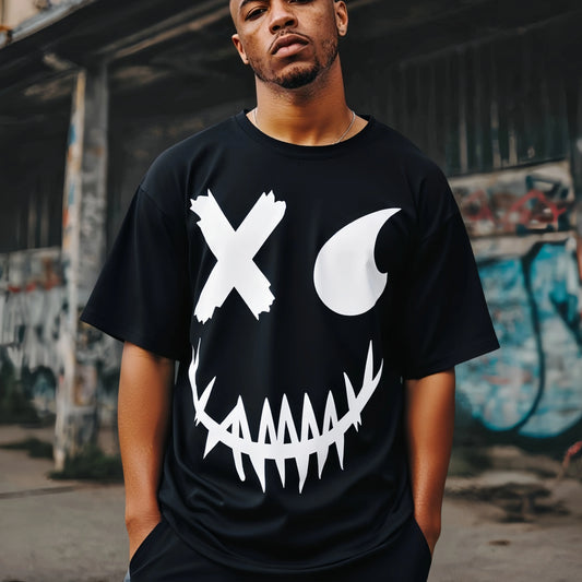 Men's Casual T Shirt with Unique Face Design and X Symbol for Streetwear Fashion Cotton Graphic Tee For Summer