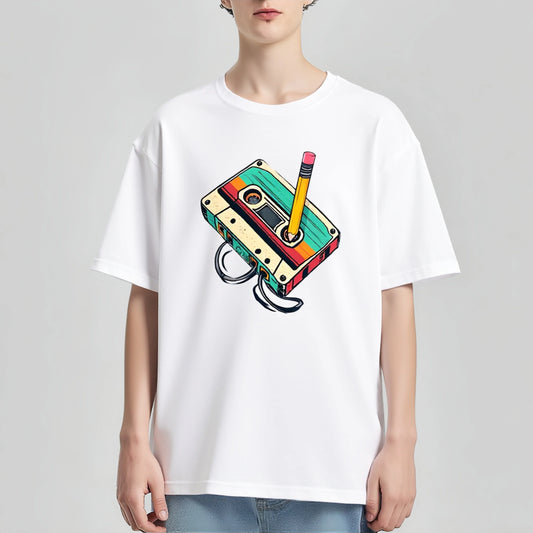 Casual Short Sleeve T-Shirt Colorful Cassette Tape Print Daily Wear Graphic Tees Boutique