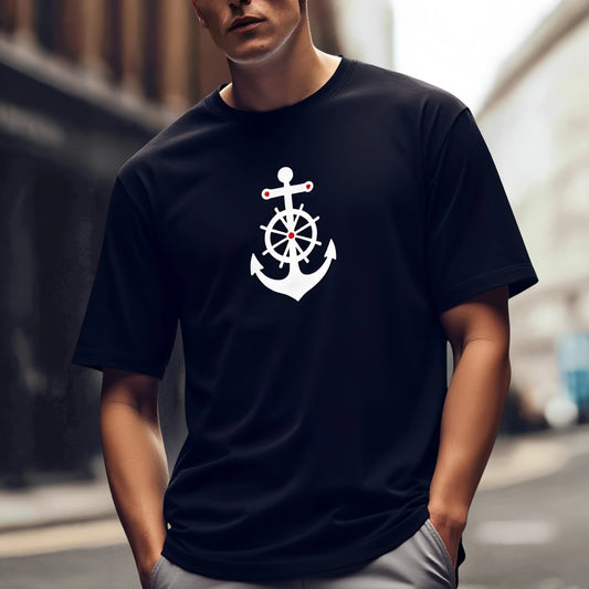Trendy Graphic Tee Men's Short Sleeve T Shirt White Anchor Wheel Print Casual Streetwear for Daily Wear