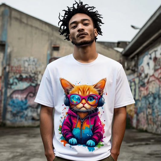 Graphic Tee Design Colorful Cat Hoodie Print T Shirt for Men Women Unisex Casual Streetwear Graphic Tee Summer Daily Wear