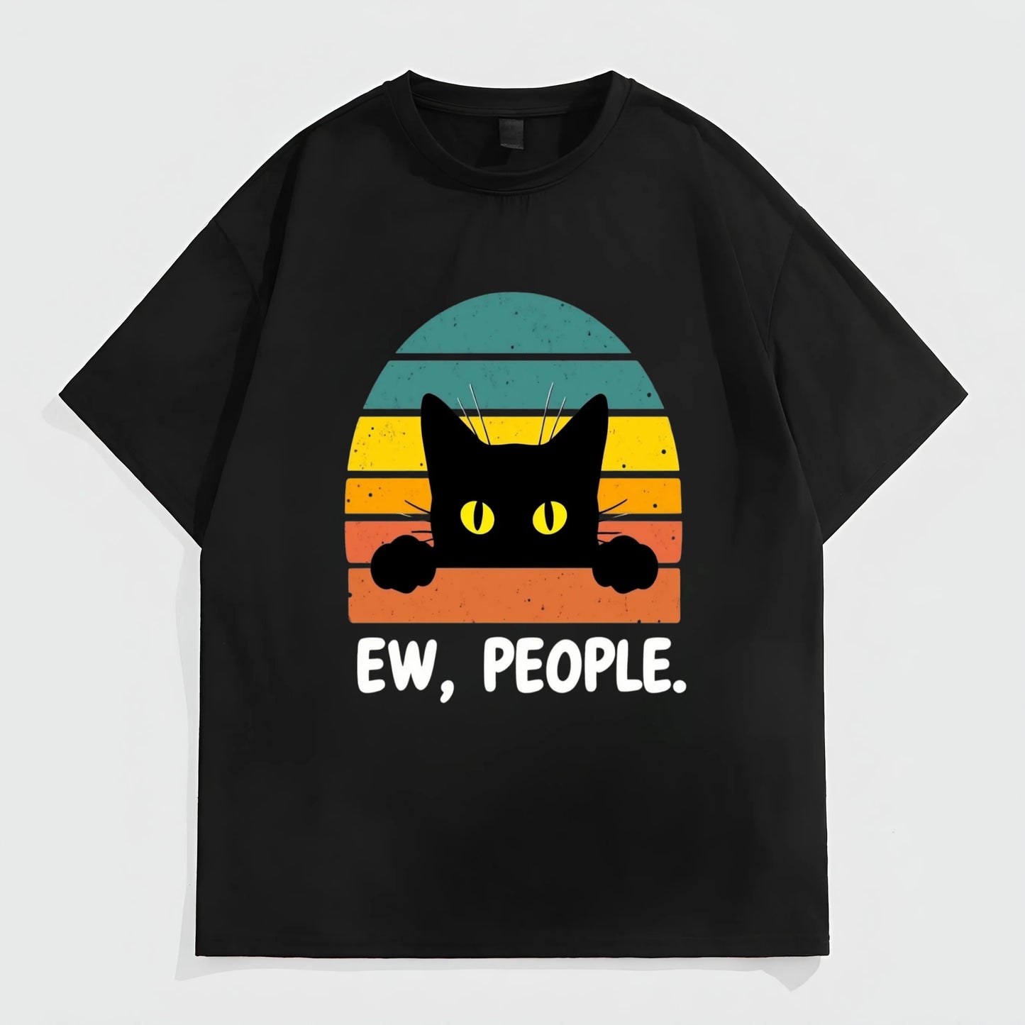 Black Short Sleeve T-Shirt with Cat and Sunset Print Ew, People - Casual Daily Wear for Men Women Graphic Tees Design