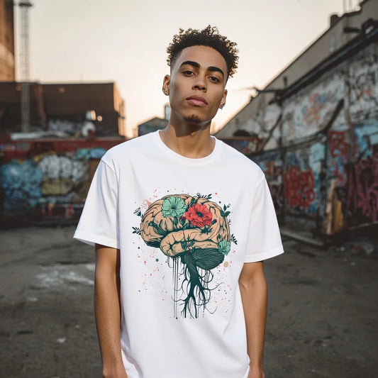 Men's Casual T Shirt with Colorful Brain Floral Art Print for Urban Streetwear Trendy Graphic Tee 2025