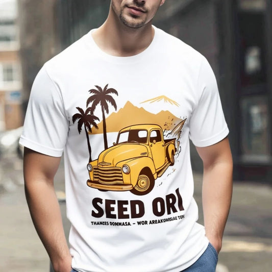 Fashion Graphic Tees For ManMen's Casual T Shirt Vintage Car and Palm Tree Print Summer Beachwear